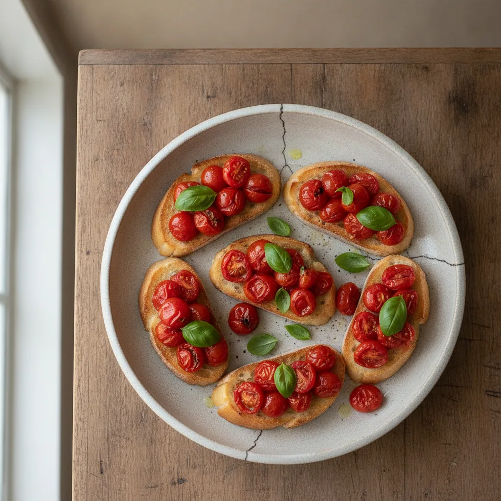 Bruschetta de tomate confitado e manjericão