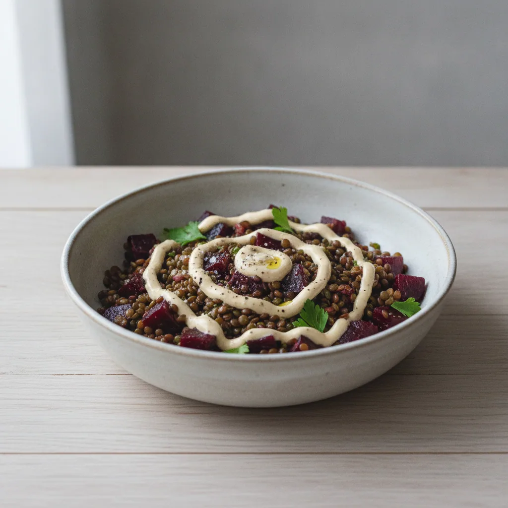 Bowl de lentilha com beterraba e tahine