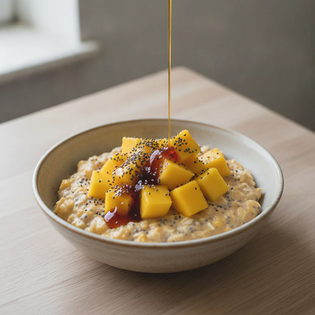 Overnight oats de aveia com manga e chia