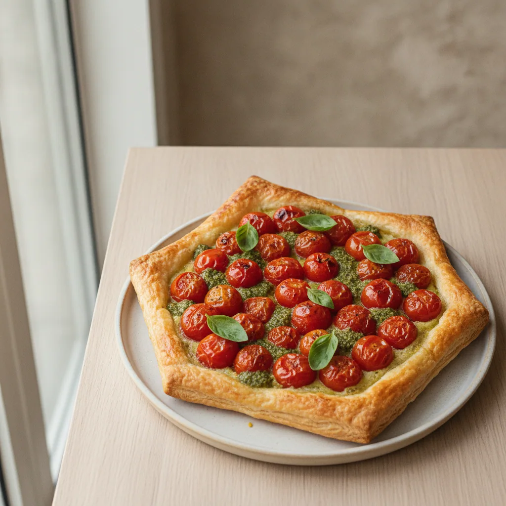 Folhado de tomate-cereja e pesto vegetal