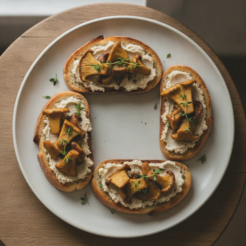 Bruschetta de cogumelo e queijo de castanha
