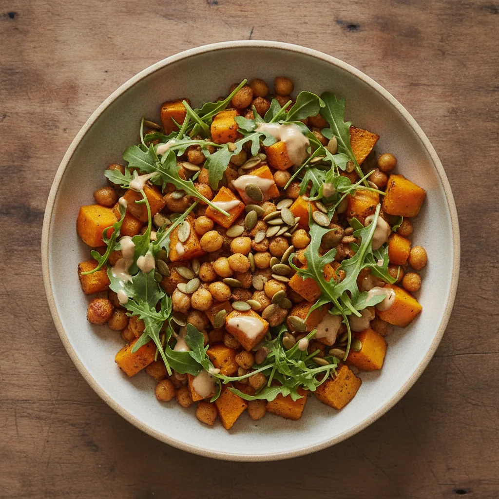Salada morna de abóbora assada e grão-de-bico