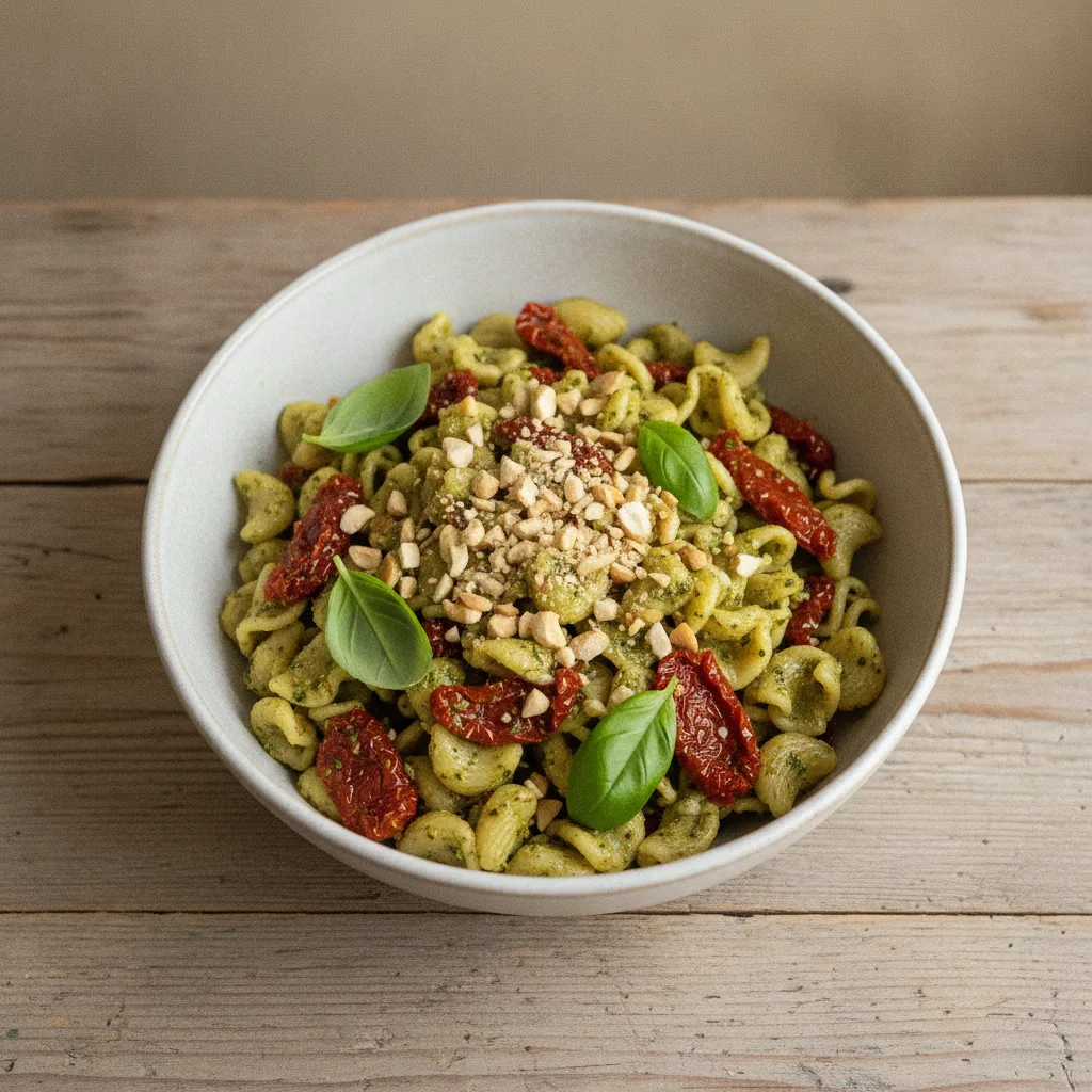 Salada de macarrão com pesto e tomate seco