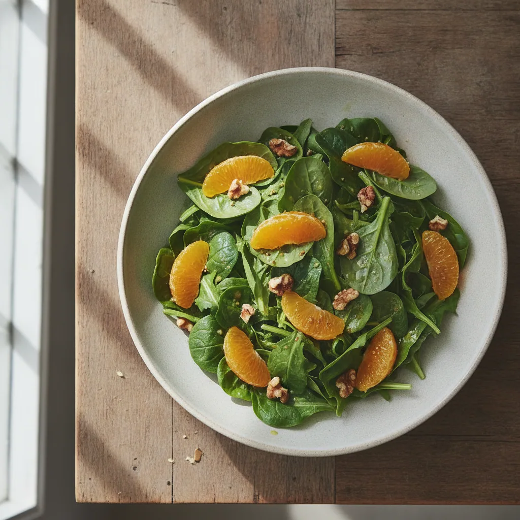 Salada de folhas com laranja e vinagrete de mostarda