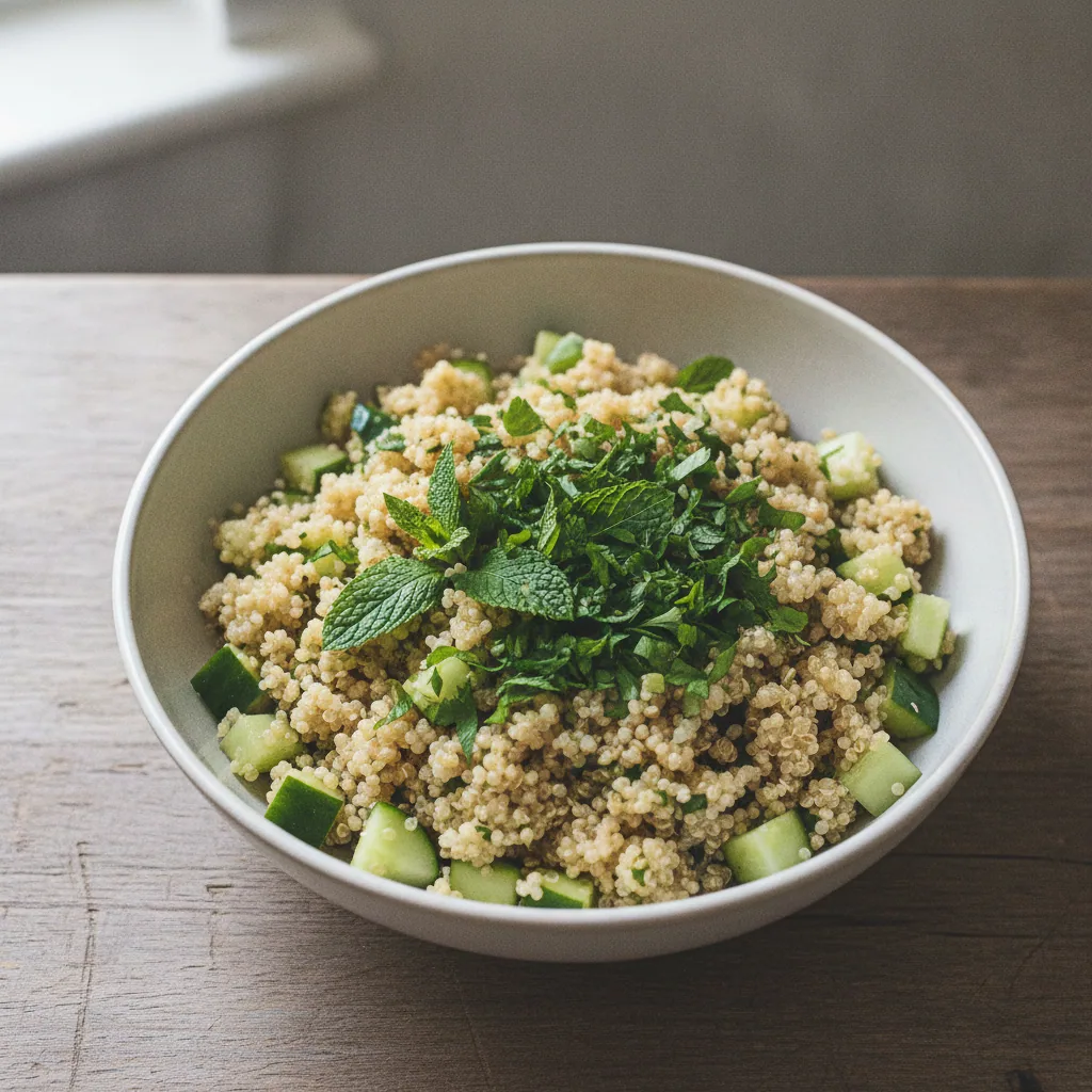 Tabule de quinoa com pepino e muita hortelã