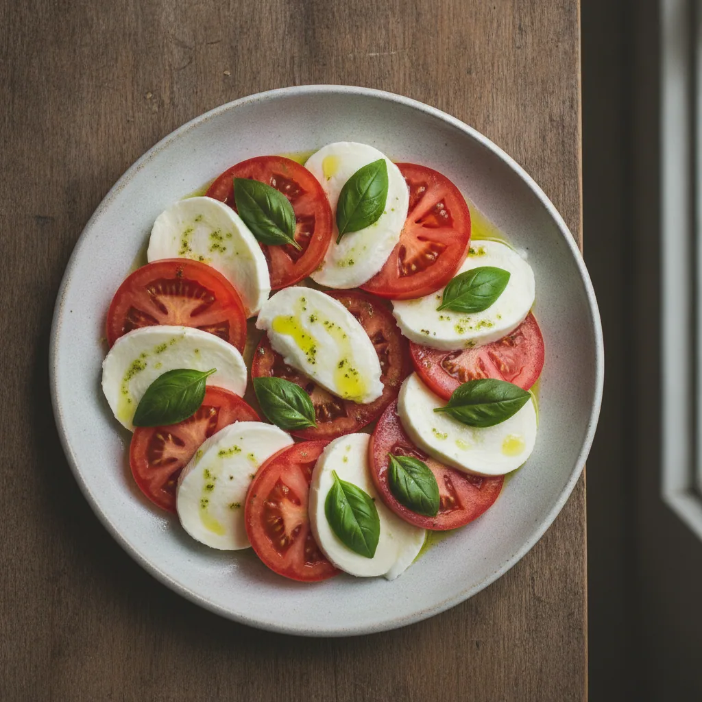 Salada caprese de tomate e mussarela de búfala