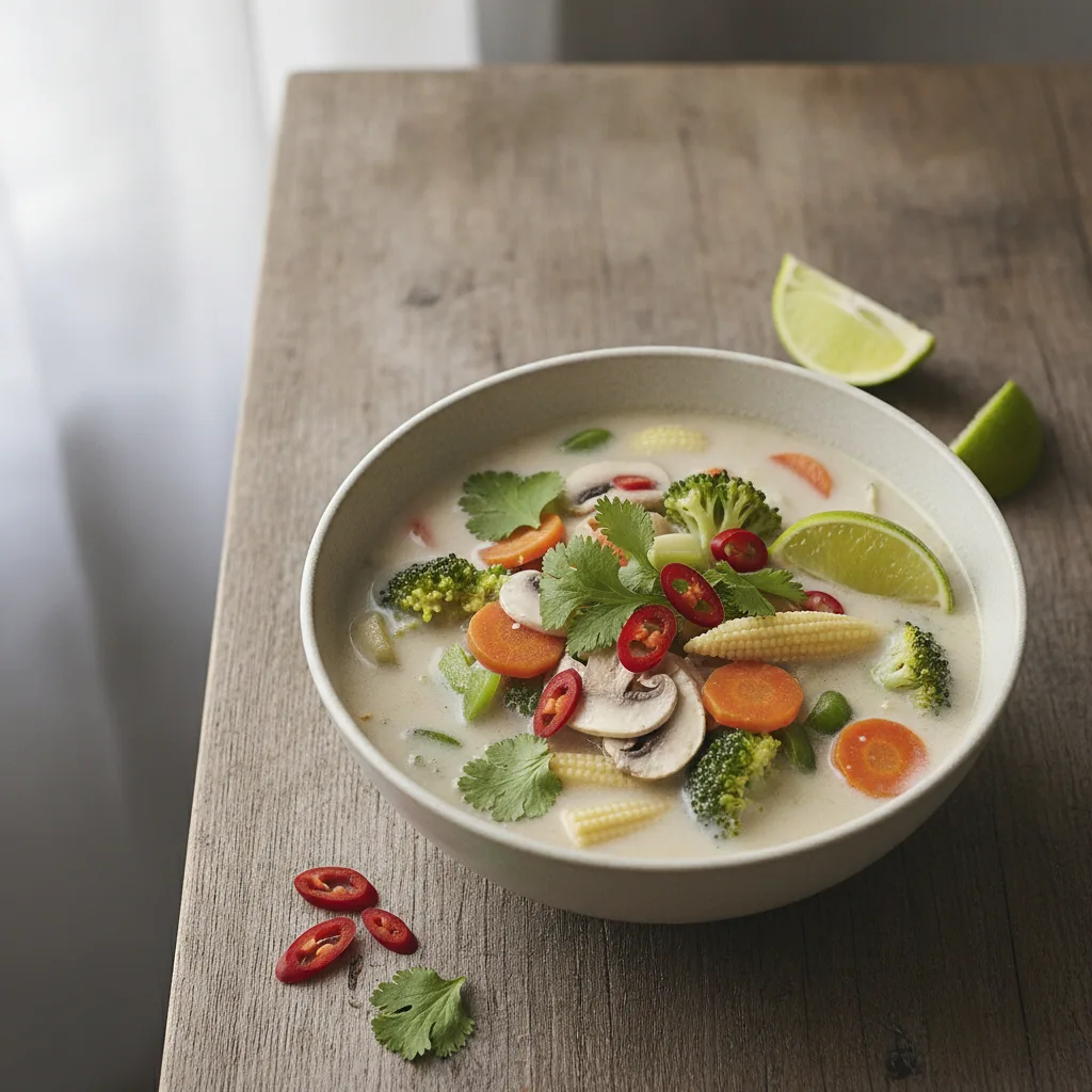 Sopa tailandesa de leite de coco e legumes