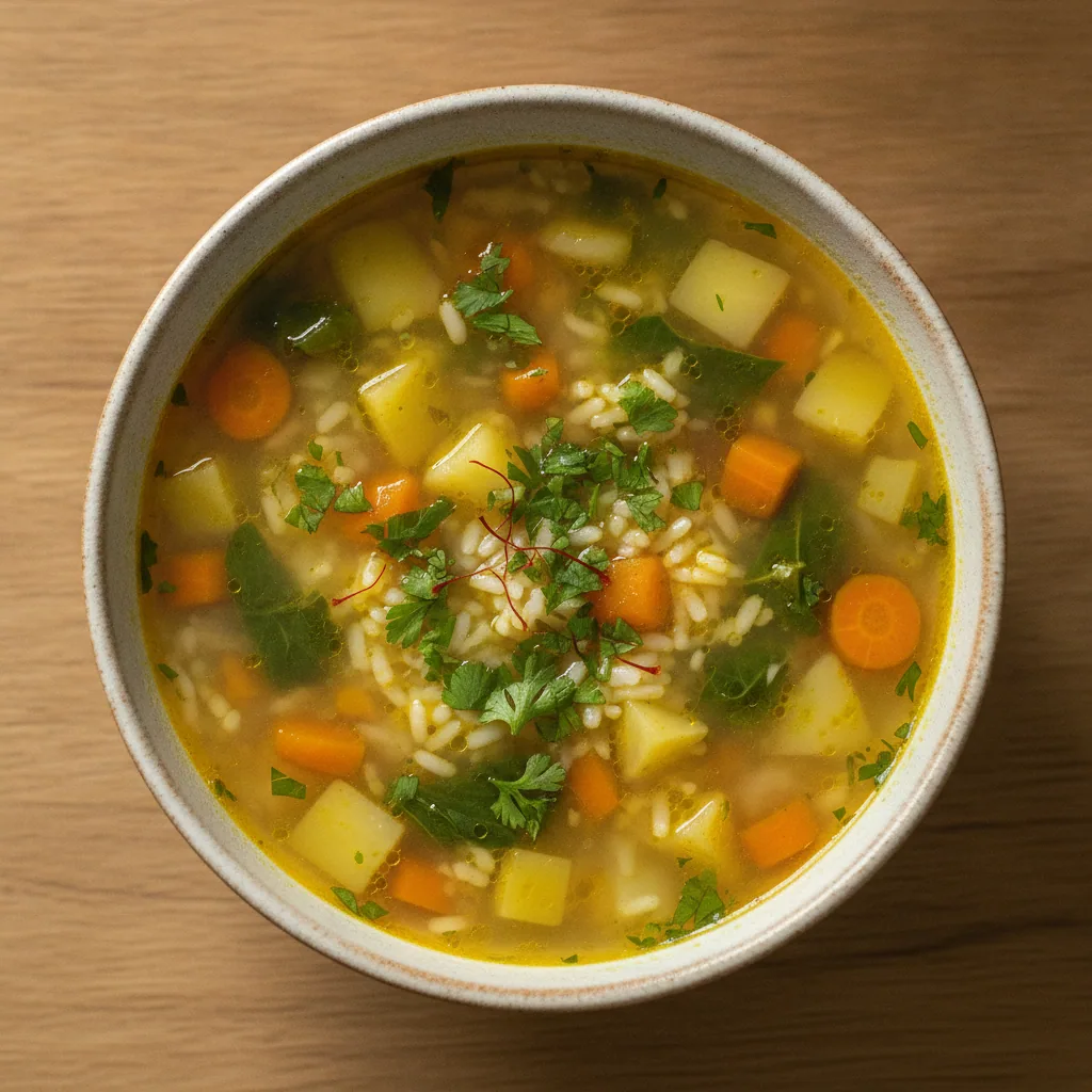Canja vegetal de arroz com legumes e açafrão