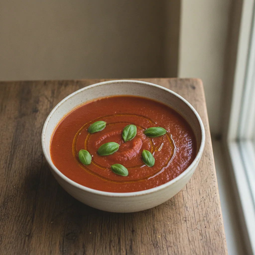 Sopa de tomate assado com manjericão