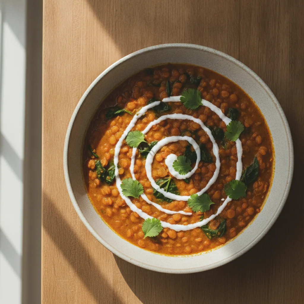 Dal de lentilha vermelha com espinafre