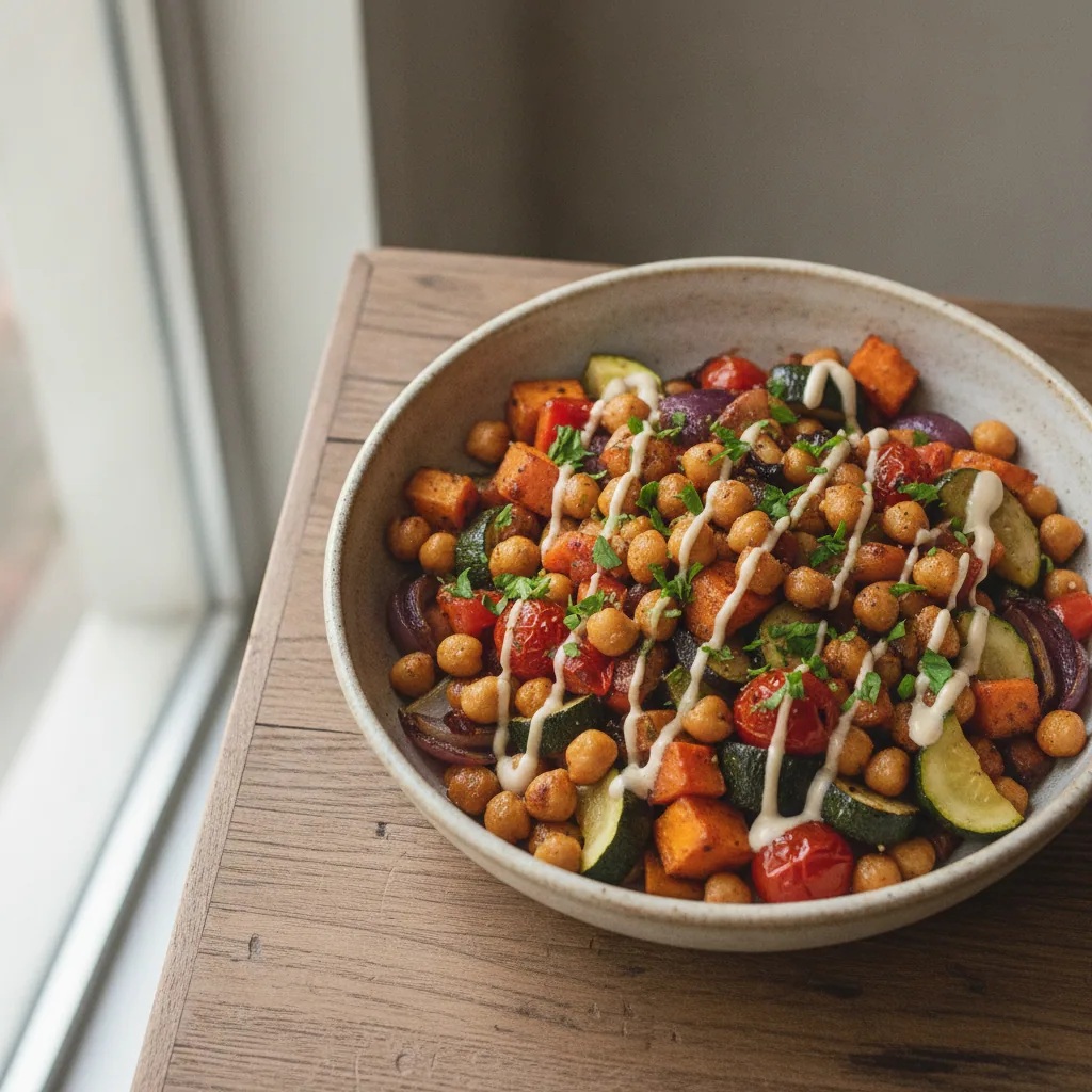 Legumes assados com grão-de-bico e tahine