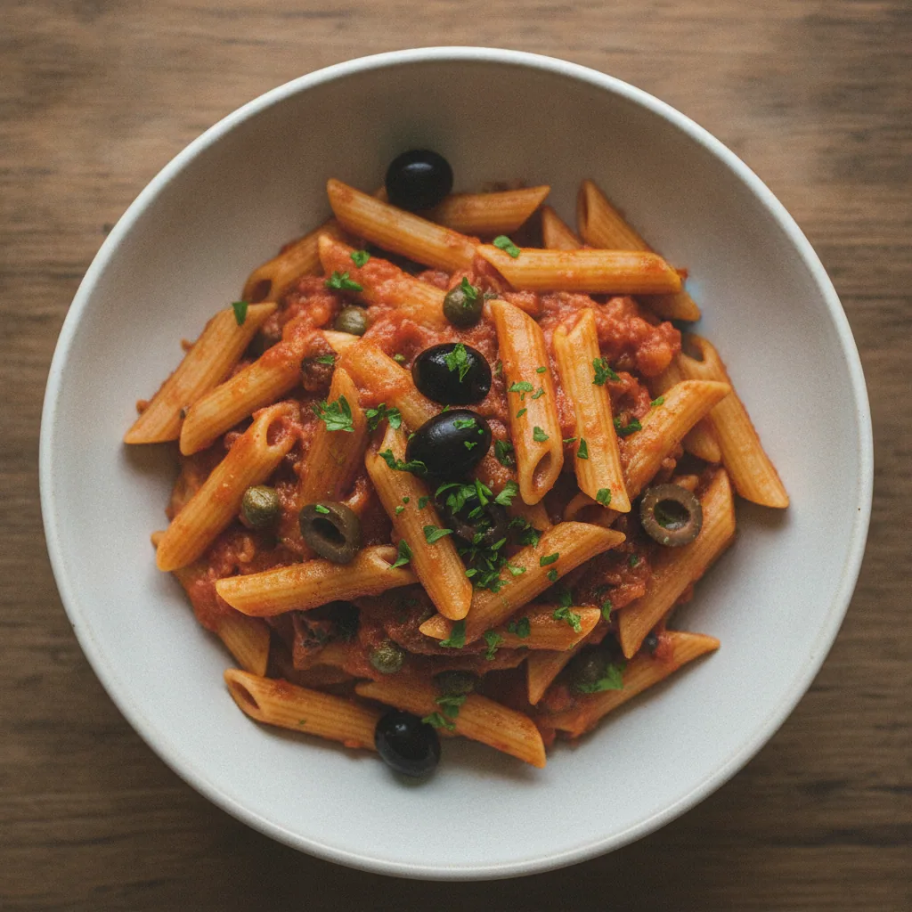Penne à putanesca com azeitona e alcaparra