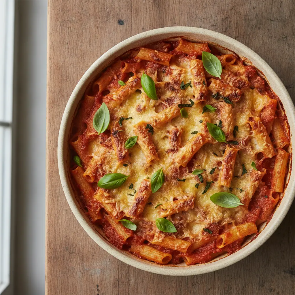Macarrão de forno com molho de tomate e queijo vegetal