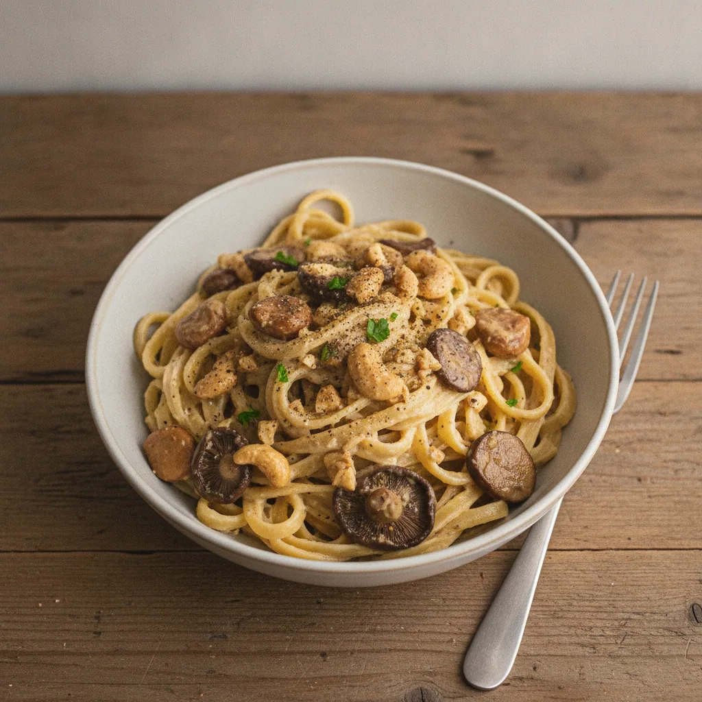 Carbonara vegetal de cogumelo e castanha