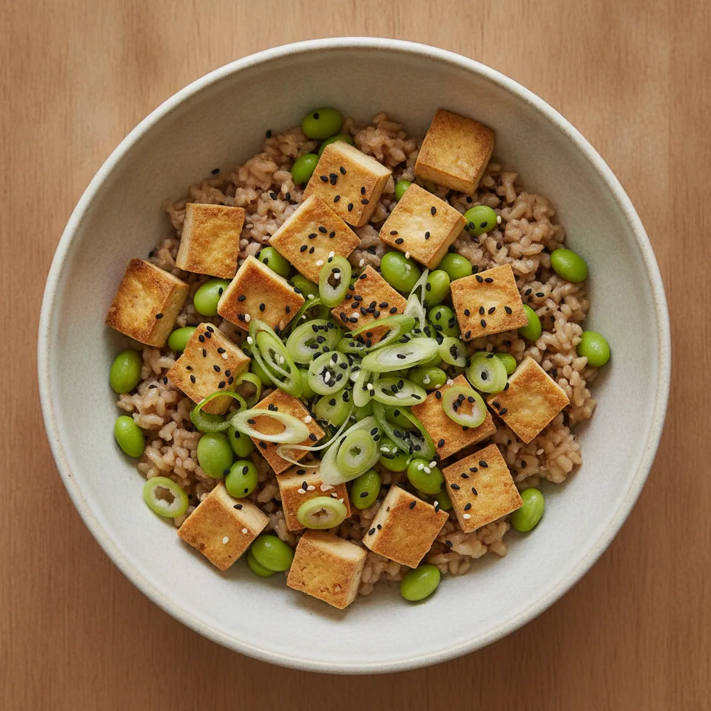 Bowl de arroz integral com tofu defumado e edamame
