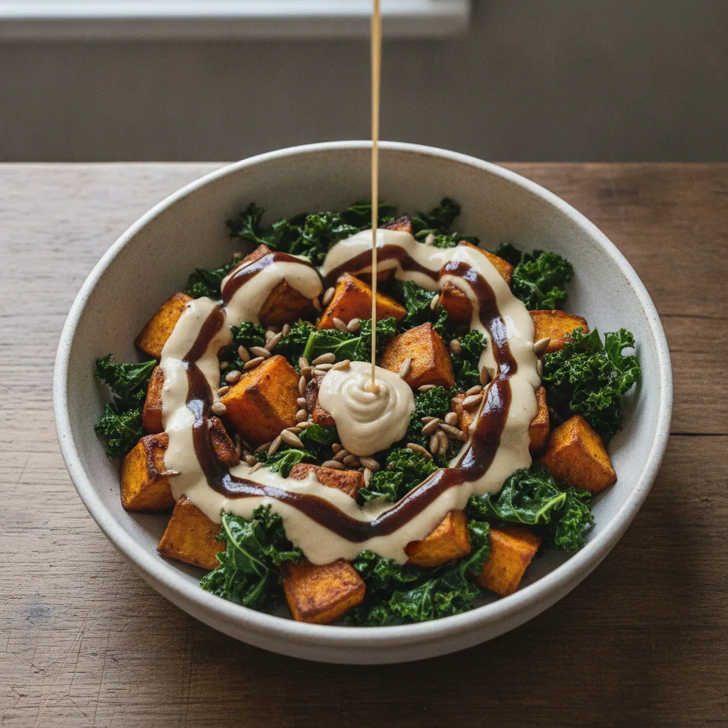 Bowl de batata-doce assada com couve e tahine