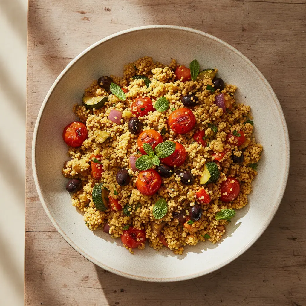 Bowl mediterrâneo de cuscuz marroquino e legumes
