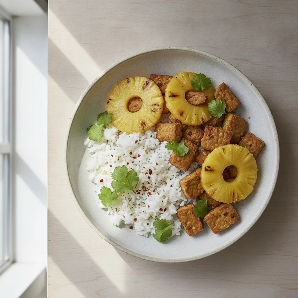 Bowl de tempeh com abacaxi grelhado e arroz