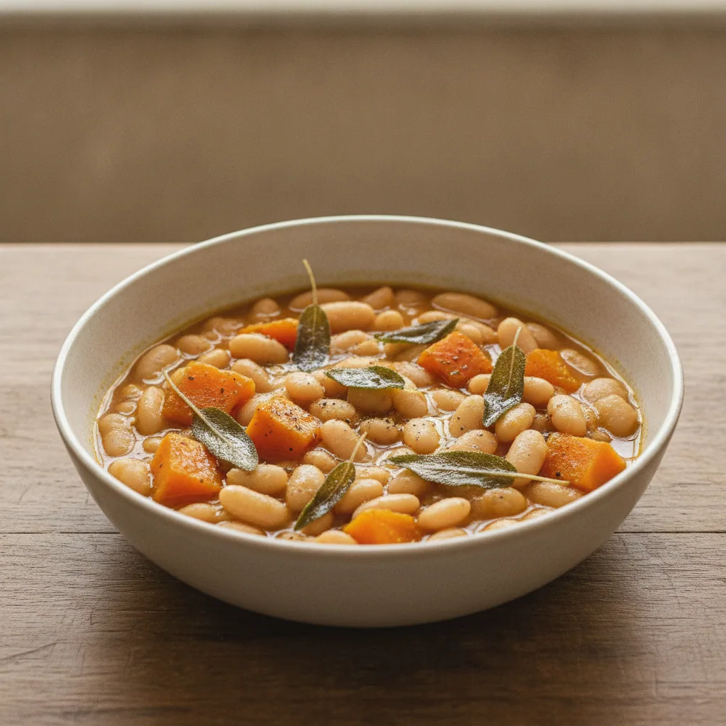 Bowl de feijão-branco com abóbora e sálvia