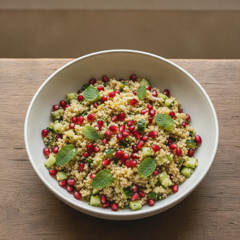 Bowl de trigo para quibe com pepino e romã