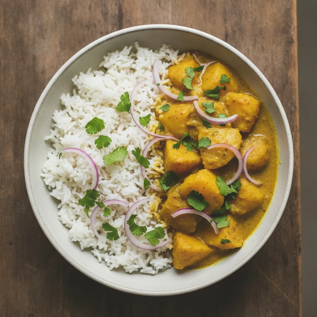 Bowl indiano de arroz basmati com curry de batata