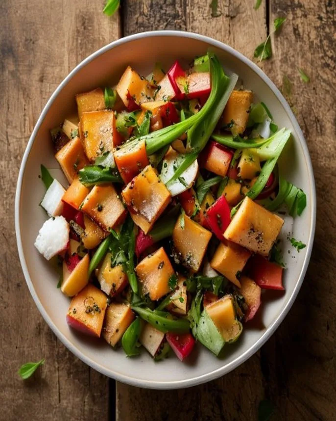 Salada de tofu grelhado com pepino e gergelim
