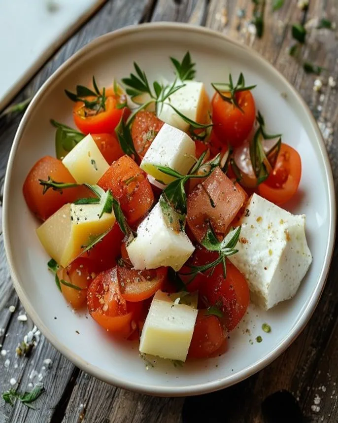 Salada grega de pepino, tomate e queijo branco
