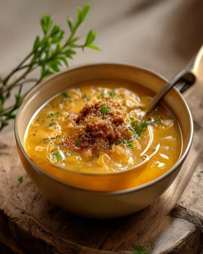 Sopa de grão-de-bico com massa curta e rosmaninho
