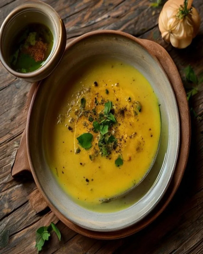 Caldo de mandioca com cheiro-verde e alho torrado