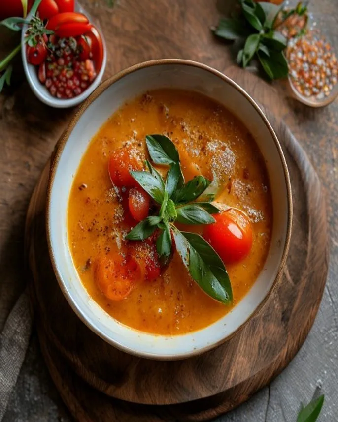 Sopa rústica de pão amanhecido com tomate e manjericão