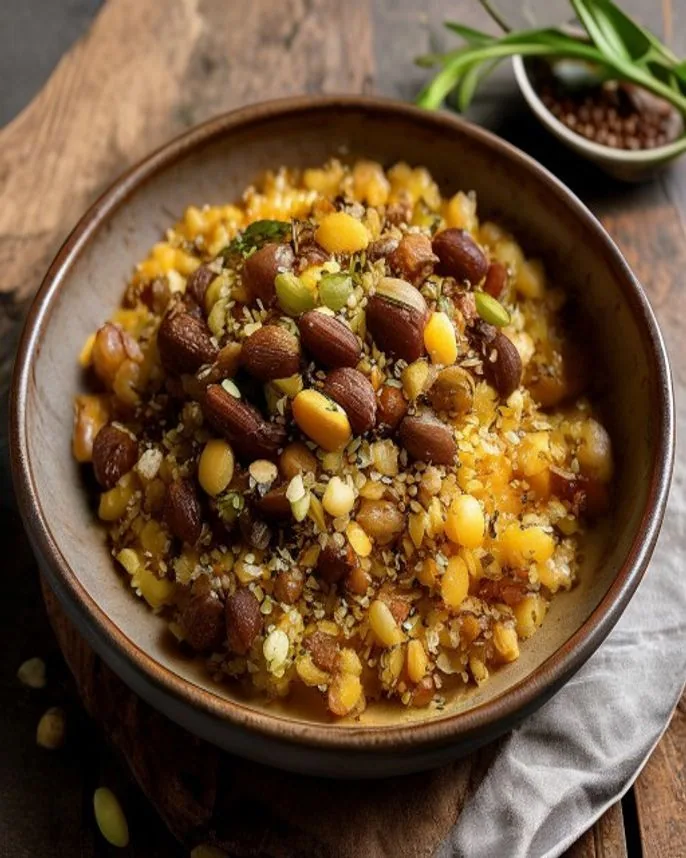 Abóbora cabotiá assada inteira recheada de quinoa e castanhas