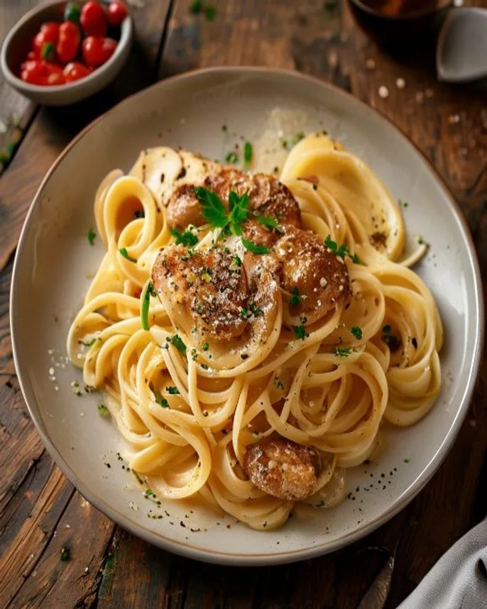 Fettuccine de cogumelos ao vinho branco