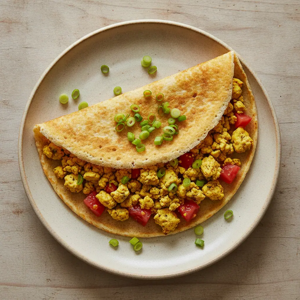 Tapioca recheada de tofu mexido e tomate