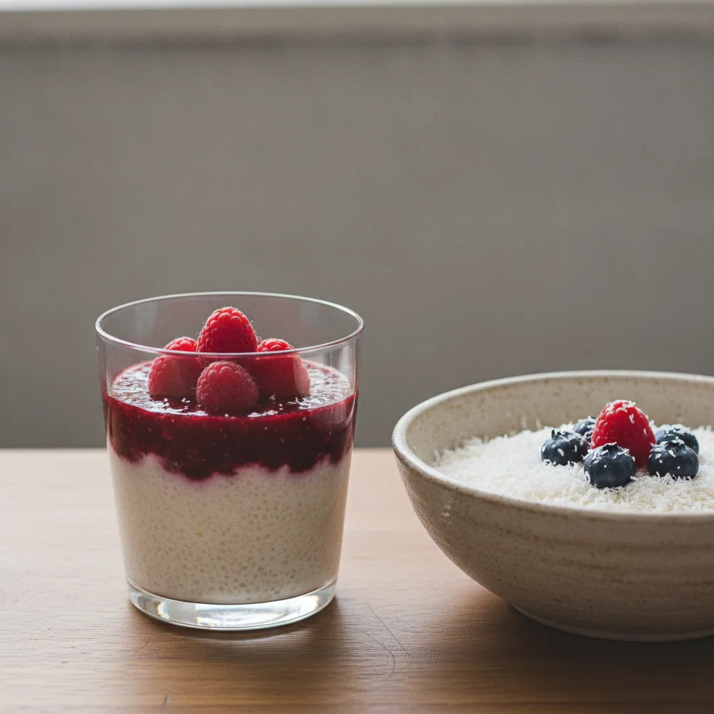 Cuscuz de tapioca com coco e frutas vermelhas