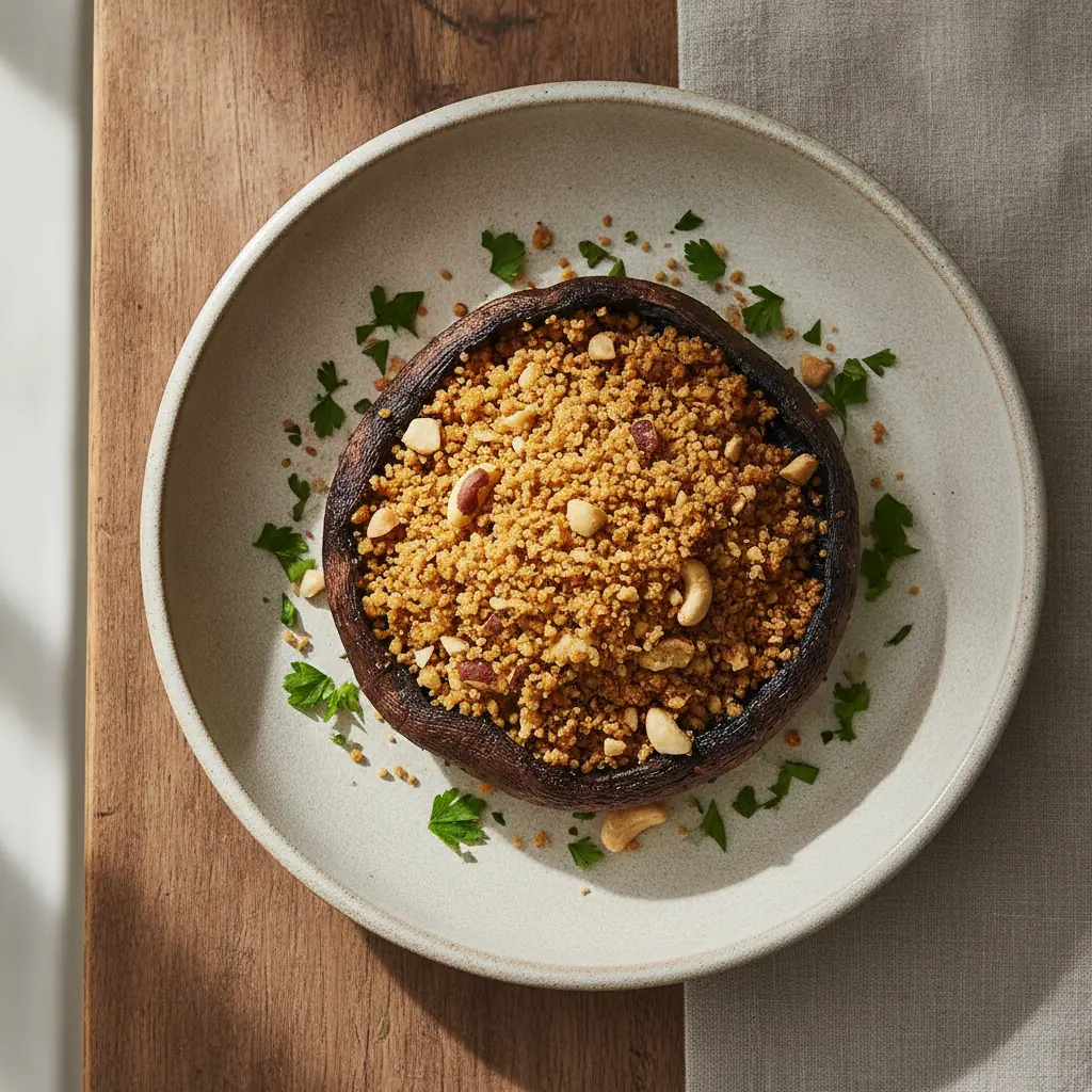 Cogumelo portobello assado com farofa de castanha