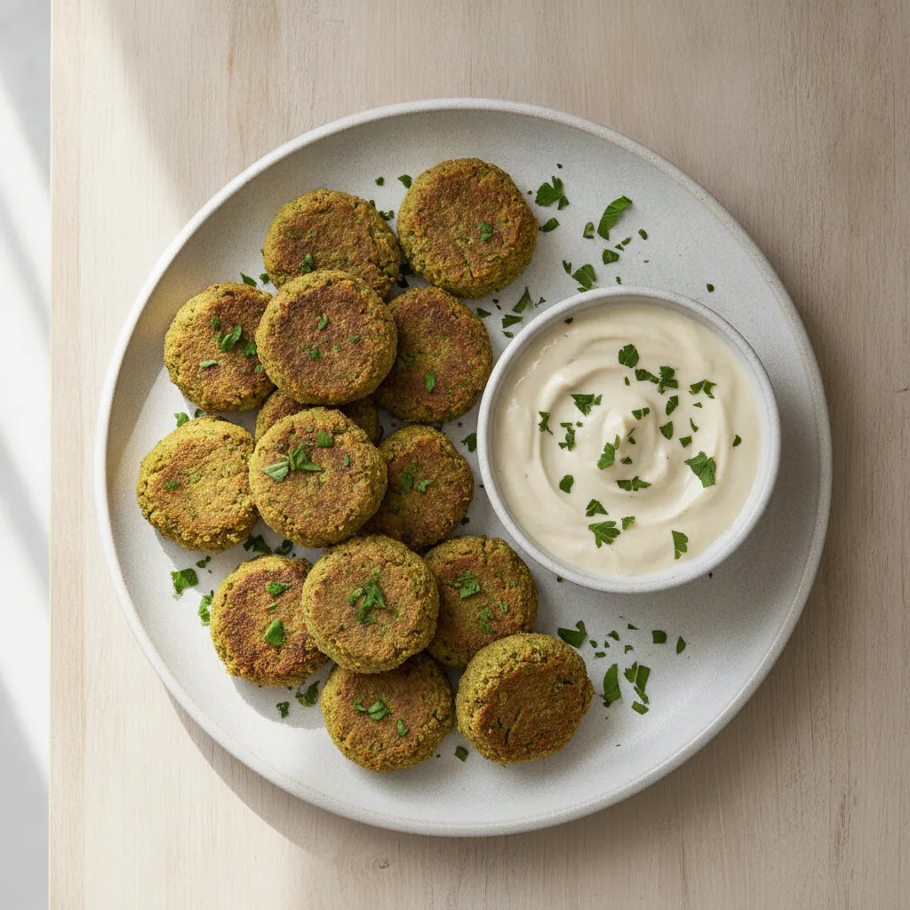 Falafel de ervilha assado com molho de iogurte de castanha