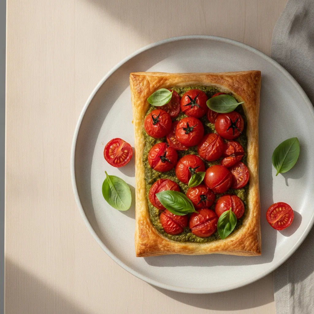 Tartelete de tomate-cereja e pesto de manjericao