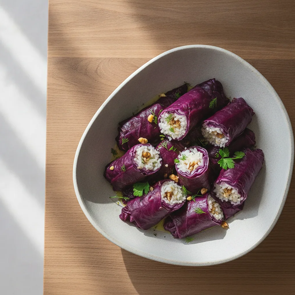 Involtini de repolho roxo com arroz e nozes