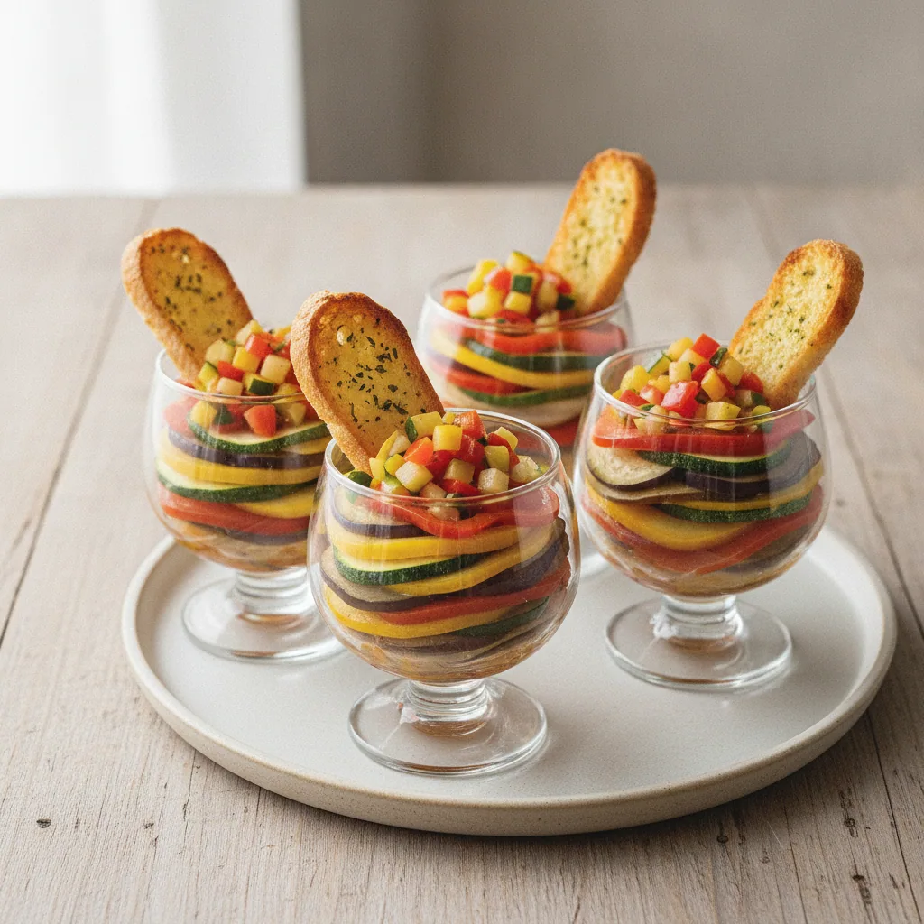 Ratatouille em taças individuais com torrada de alho