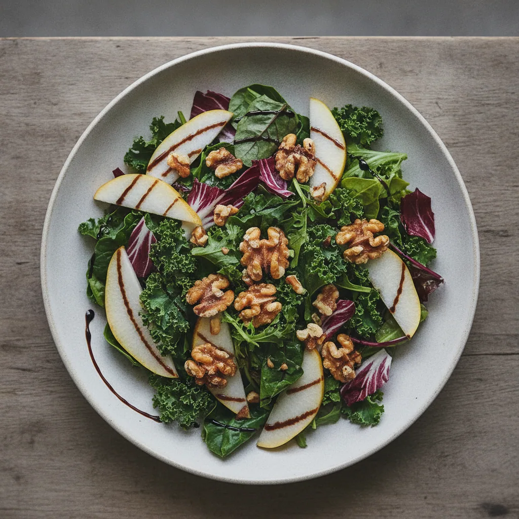 Salada de folhas amargas com pera e nozes caramelizadas