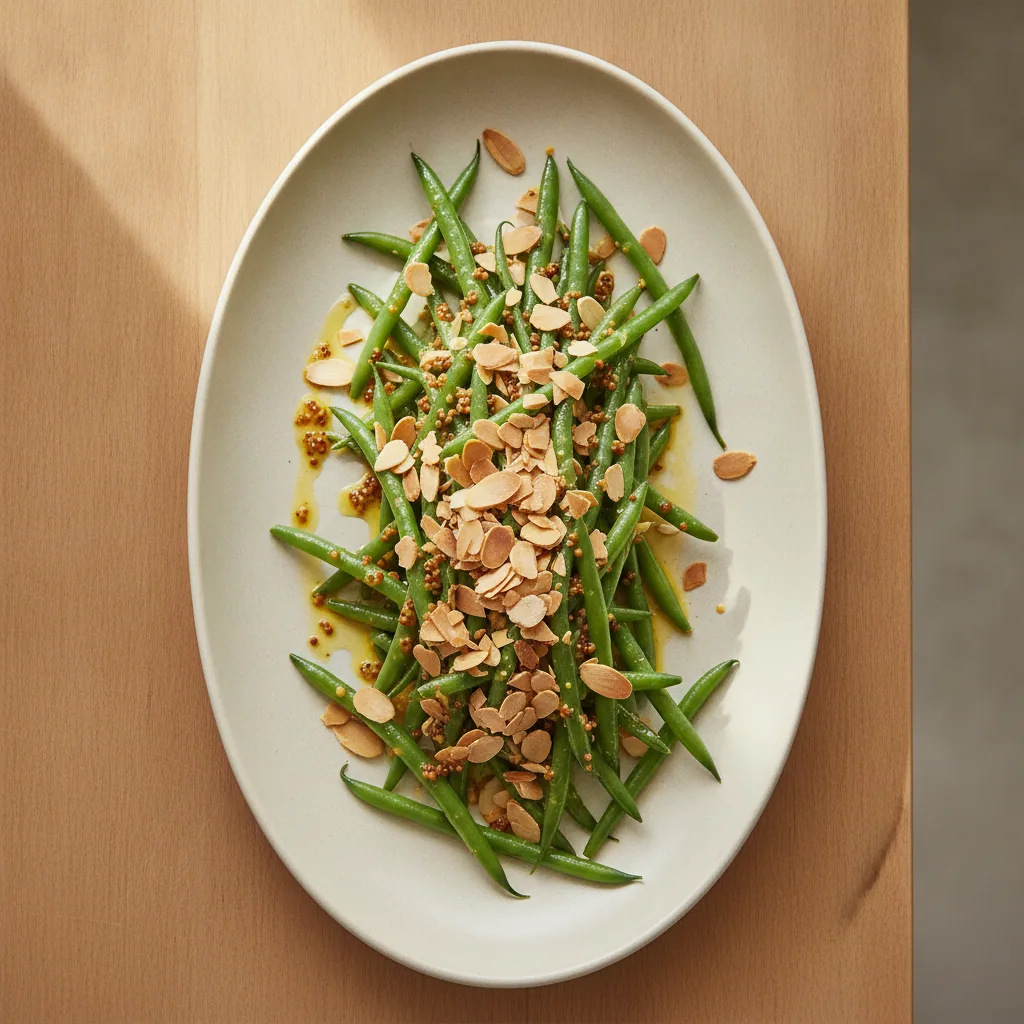 Salada de vagem crocante com amêndoas e vinagrete de mostarda