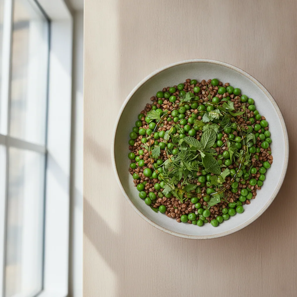 Salada de trigo-sarraceno com ervilha e ervas frescas