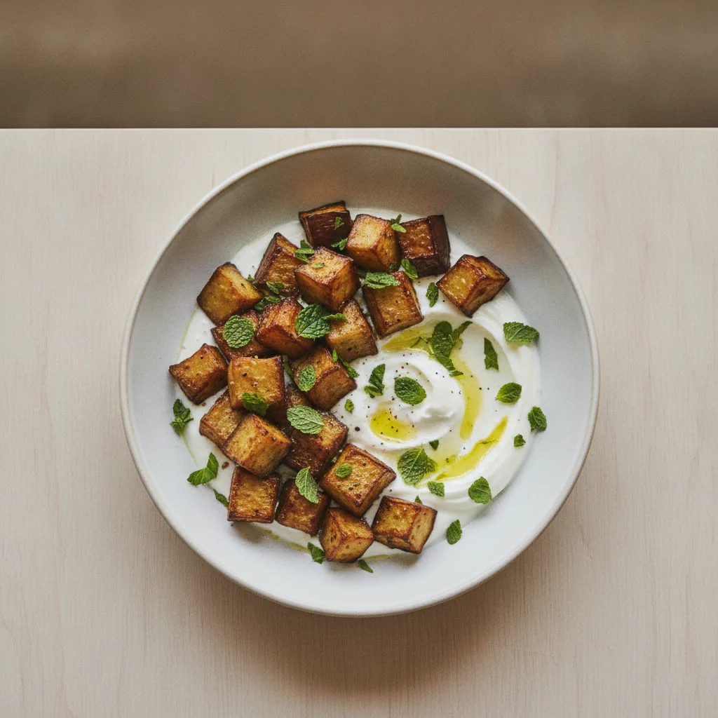 Salada morna de berinjela assada com iogurte e hortelã