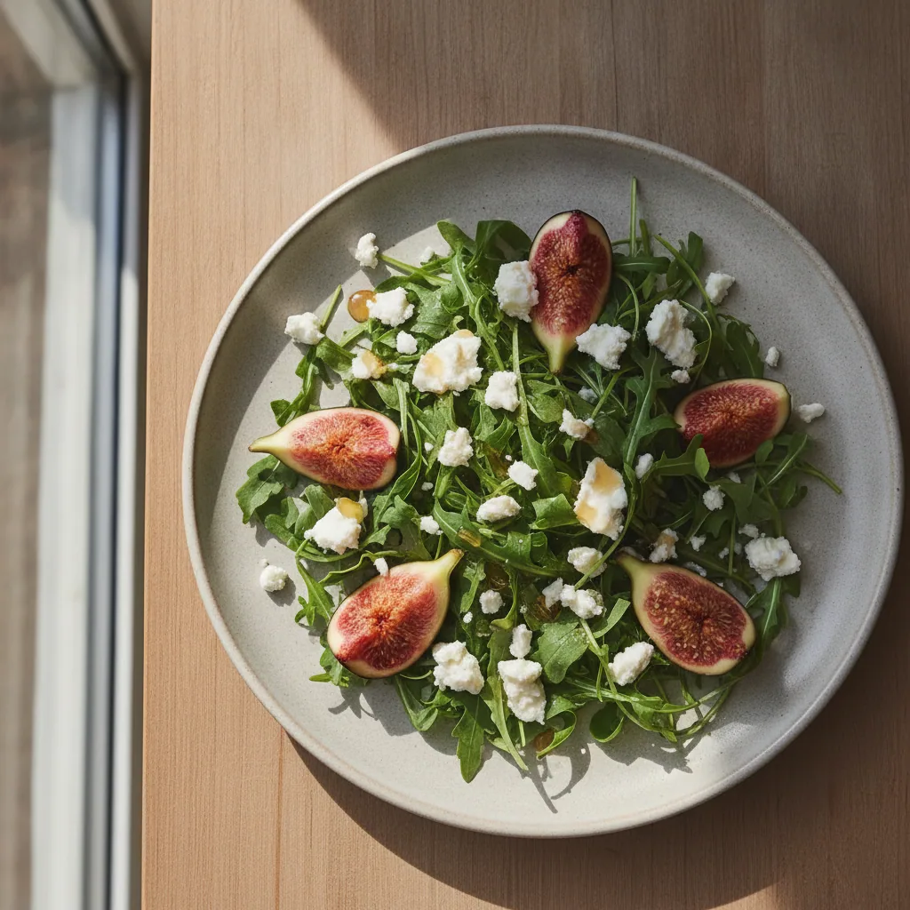 Salada de rúcula com figo fresco e queijo de cabra