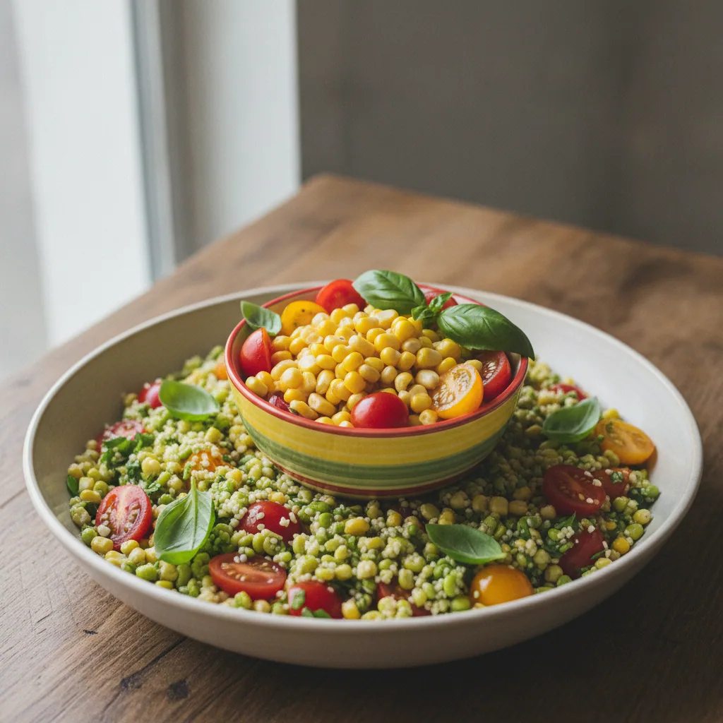 Tabule de milho verde com tomate cereja e manjericão