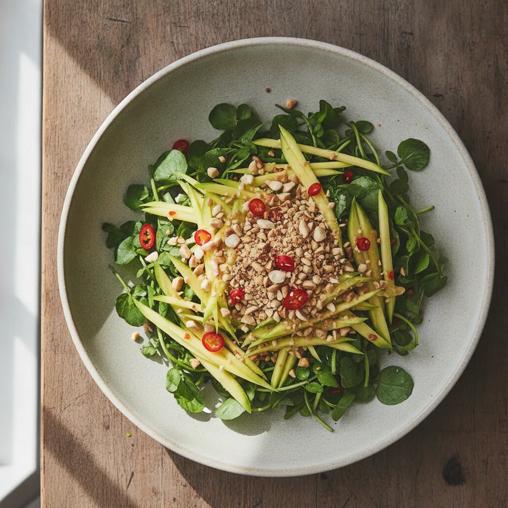 Salada de agrião com manga verde e amendoim torrado