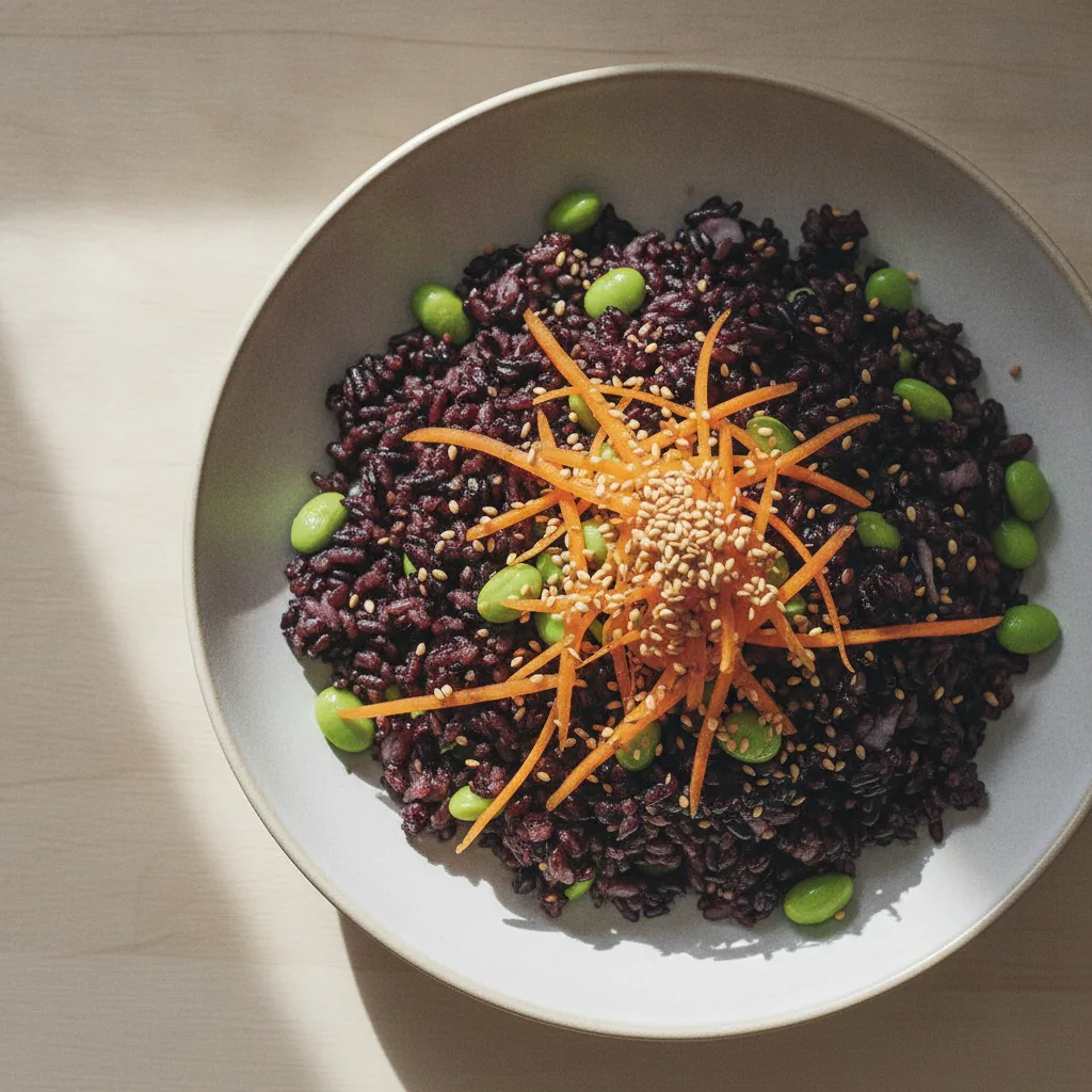 Salada de arroz negro com edamame e gergelim