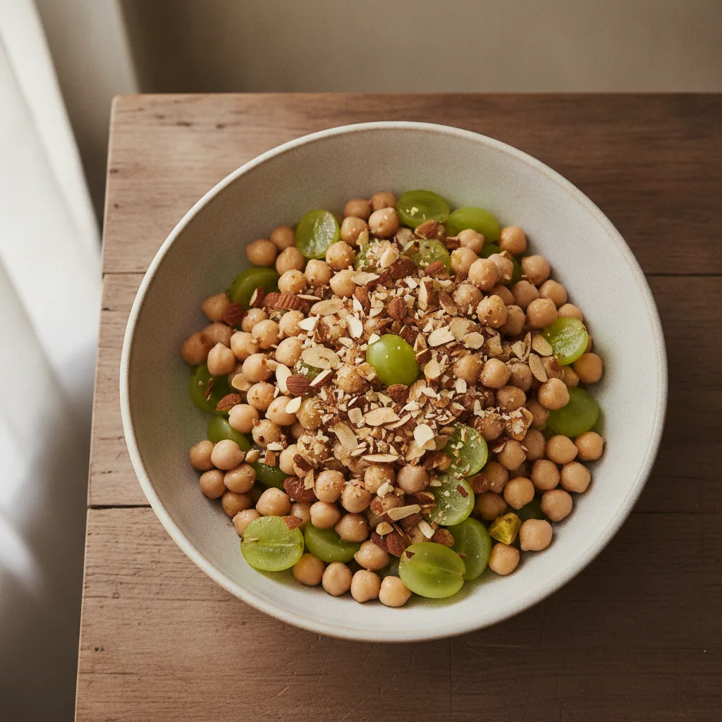 Salada de grão-de-bico com uva verde e amêndoas torradas