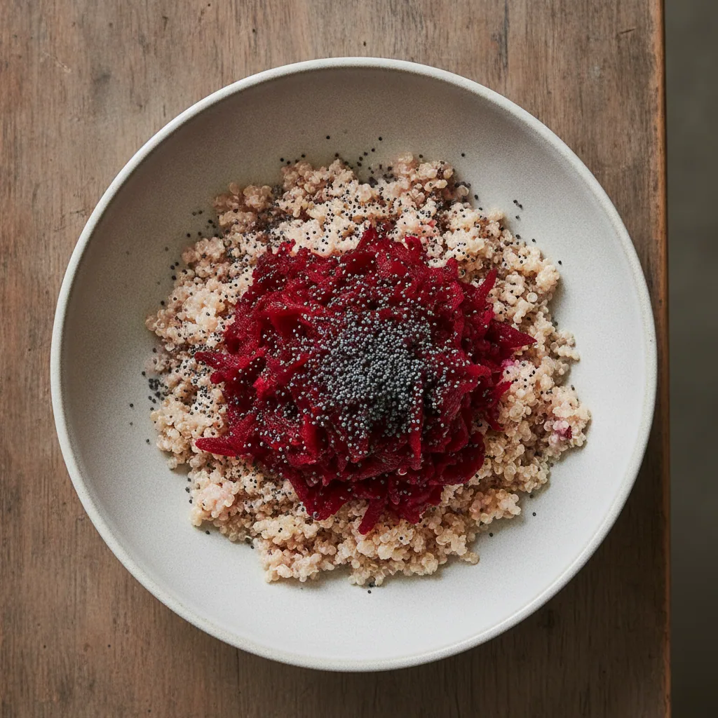 Salada de quinoa com beterraba crua e sementes de papoula