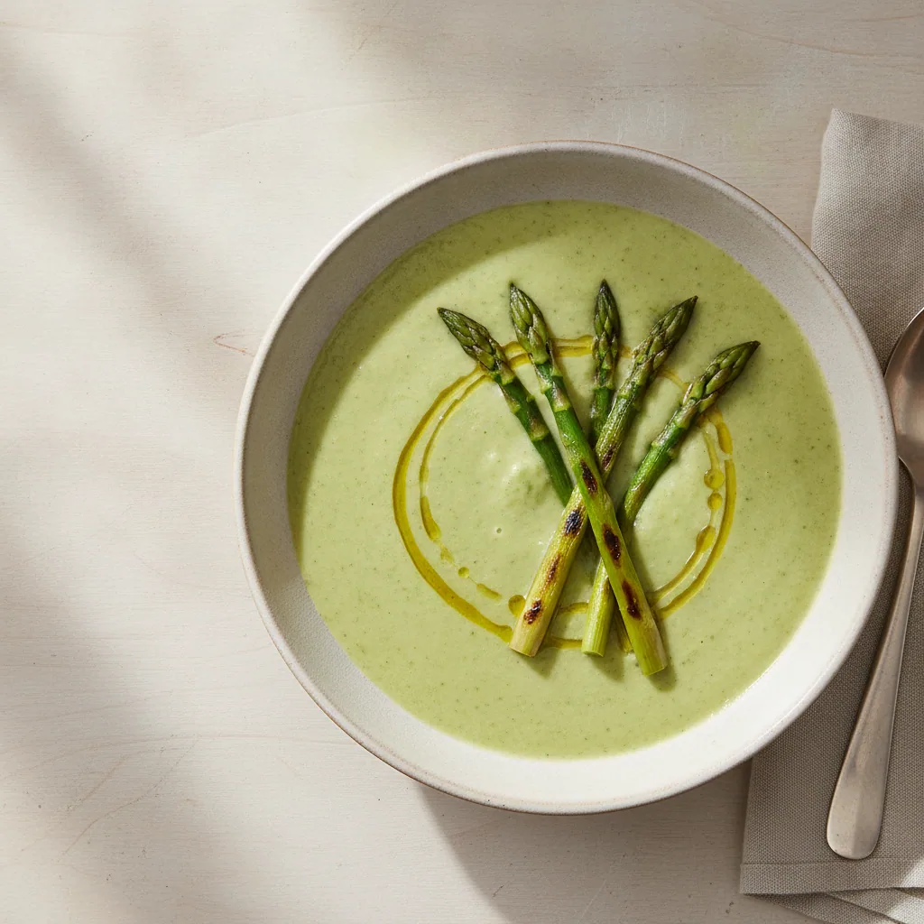 Sopa cremosa de aspargos com alho-poro